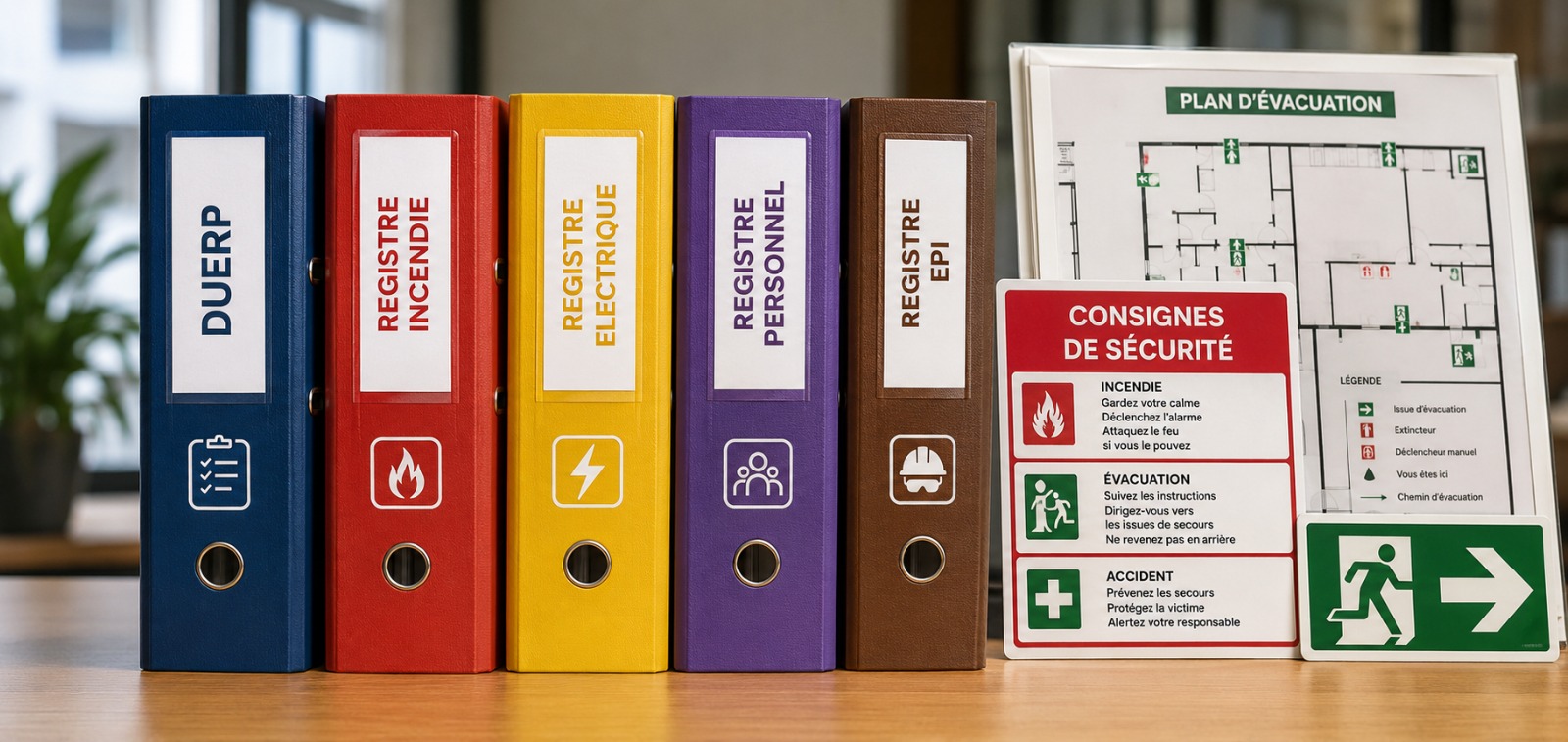 Classeurs de registres obligatoires (DUERP, incendie, électrique, personnel, EPI), plan d'évacuation et consignes de sécurité