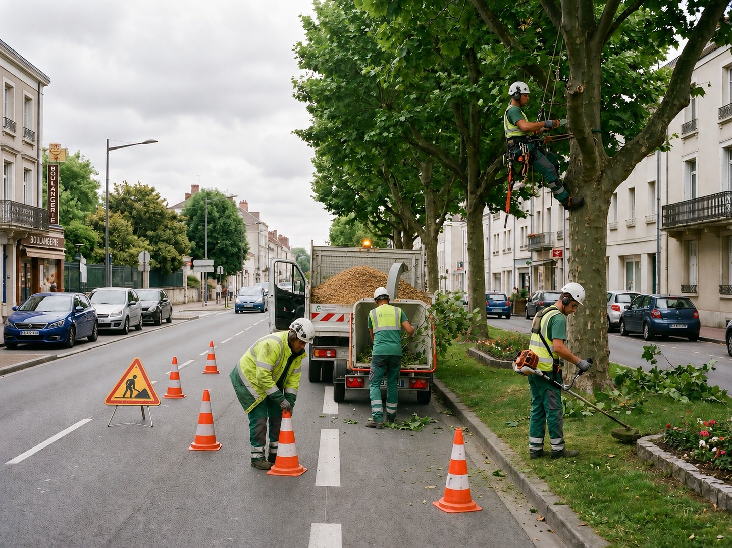 Le même chantier d'élagage sécurisé : balisage par cônes et panneau, élagueur harnaché sur cordes, broyeur de branches et équipements de protection portés.