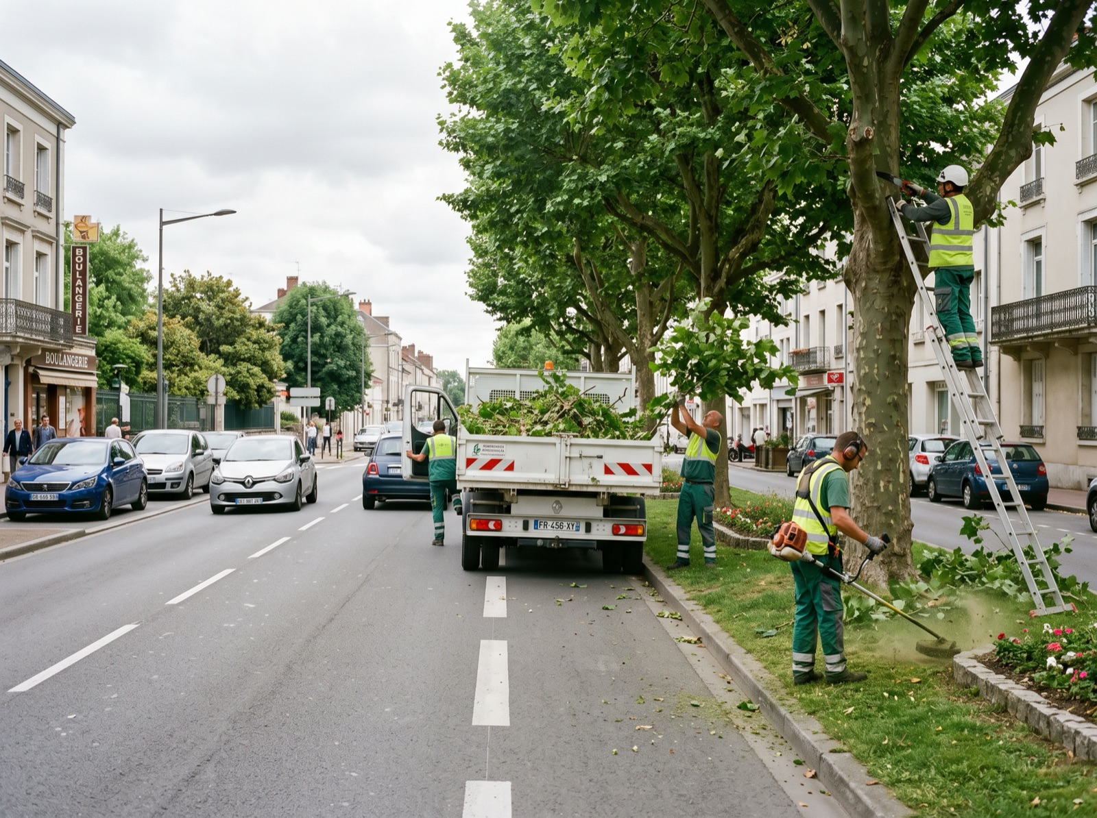Chantier d'élagage en ville : quatre intervenants au travail présentant des situations à risque — échelle contre l'arbre, manutention de branches, débroussaillage et circulation sur la chaussée.
