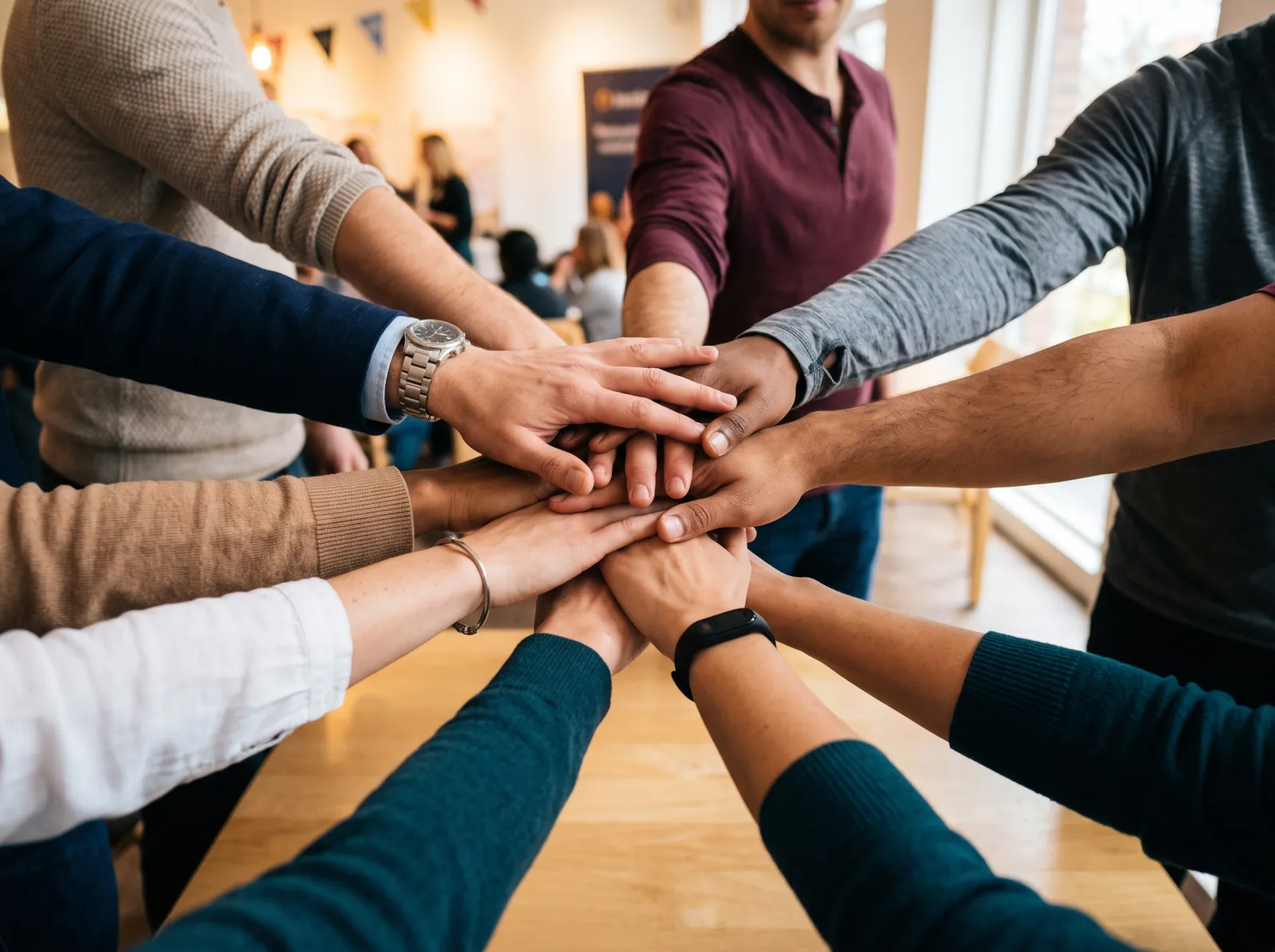 Mains de collaborateurs réunies au centre d'un cercle, symbole de cohésion d'équipe.