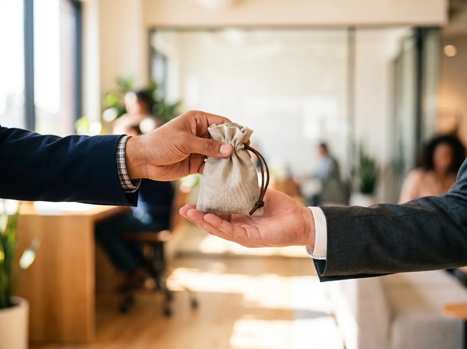 Une main remet une bourse de financement dans la main ouverte d'un dirigeant, dans un bureau lumineux.