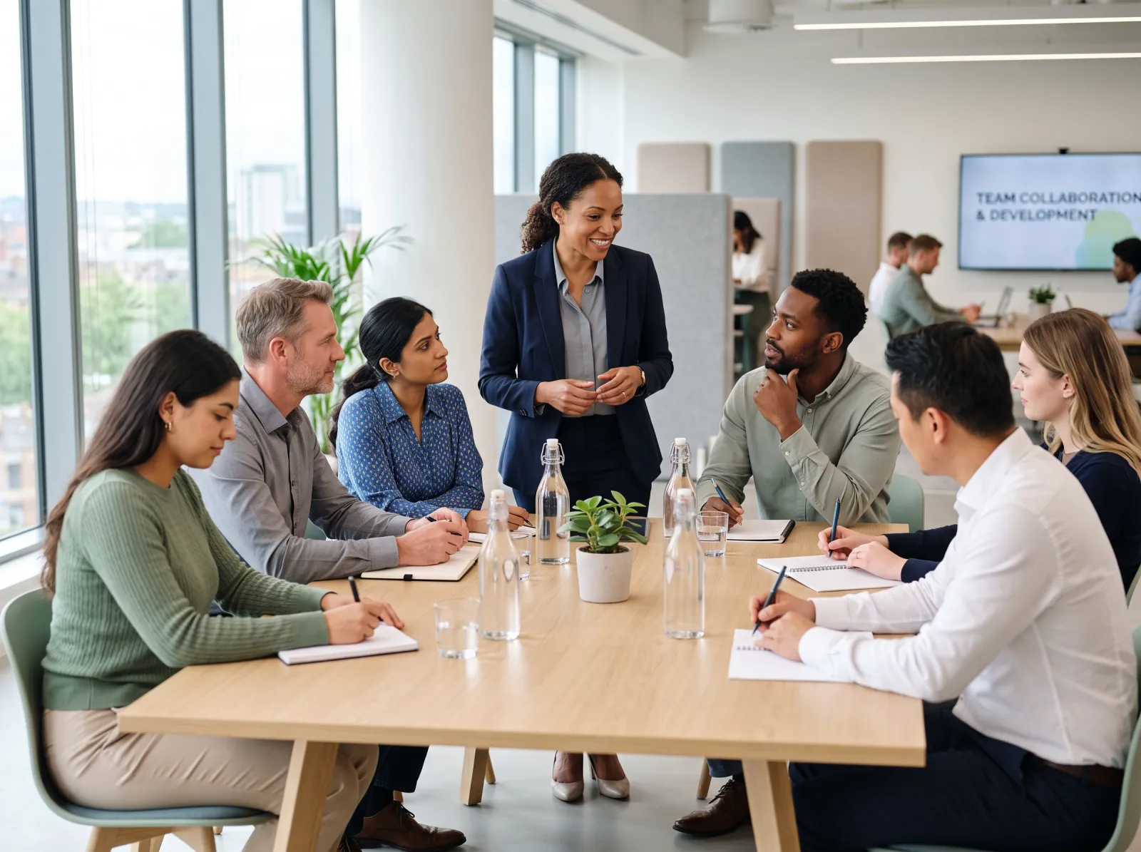 Formatrice animant une session de formation auprès d'un groupe de salariés qui prennent des notes, dans un espace de travail lumineux.