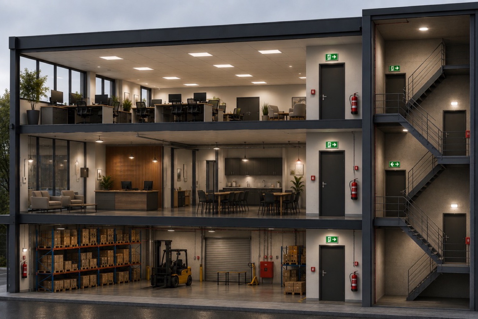 Coupe d'un bâtiment tertiaire et logistique montrant les dispositifs de sécurité incendie : extincteurs, blocs d'issue de secours, déclencheurs manuels et escalier d'évacuation