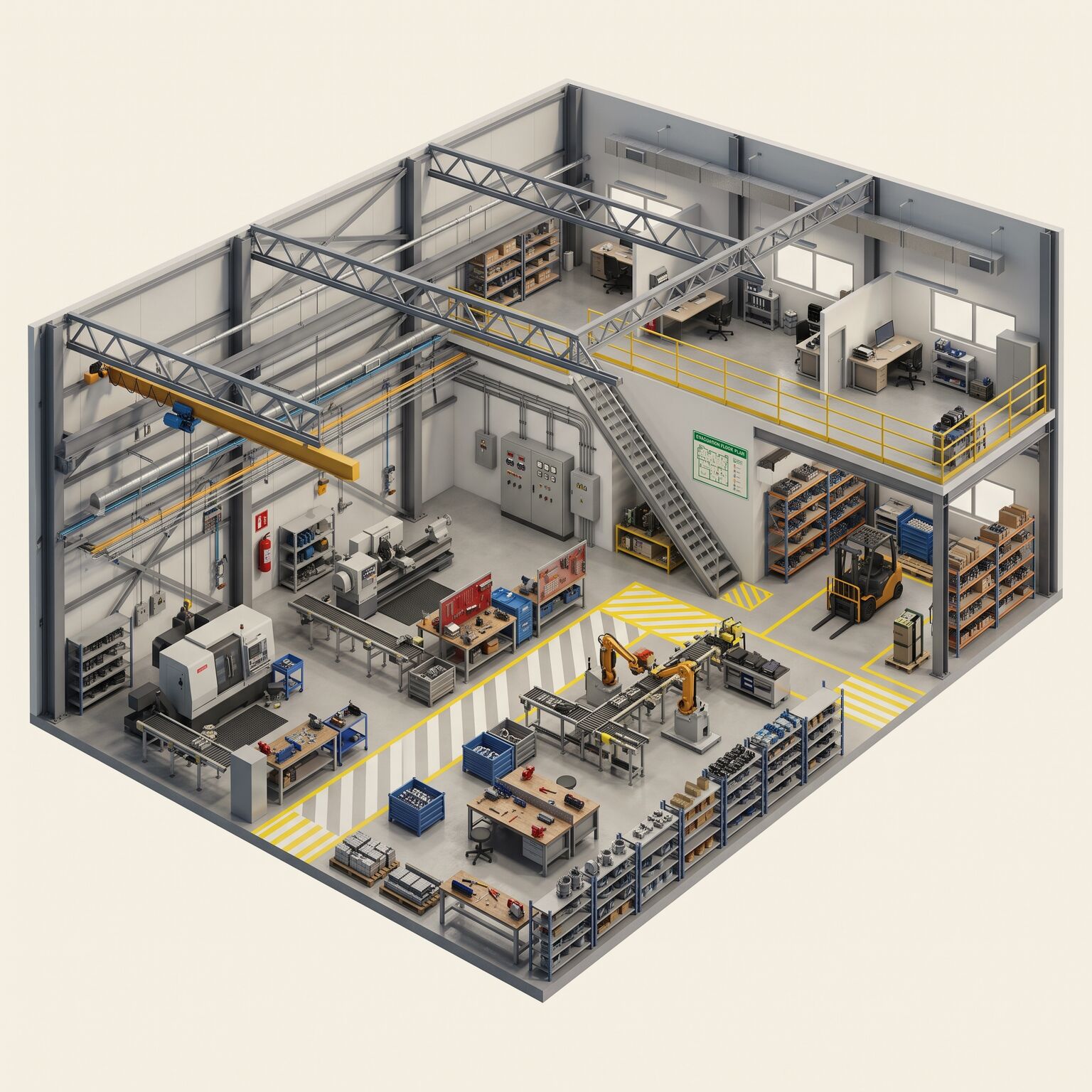 Vue isométrique d'un atelier industriel : machines-outils, robot de production, mezzanine de bureaux, rayonnages et voies de circulation marquées.